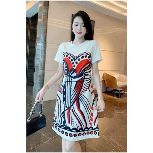 ĐẦM SUÔNG HỌA TIẾT TRẮNG ĐỎ