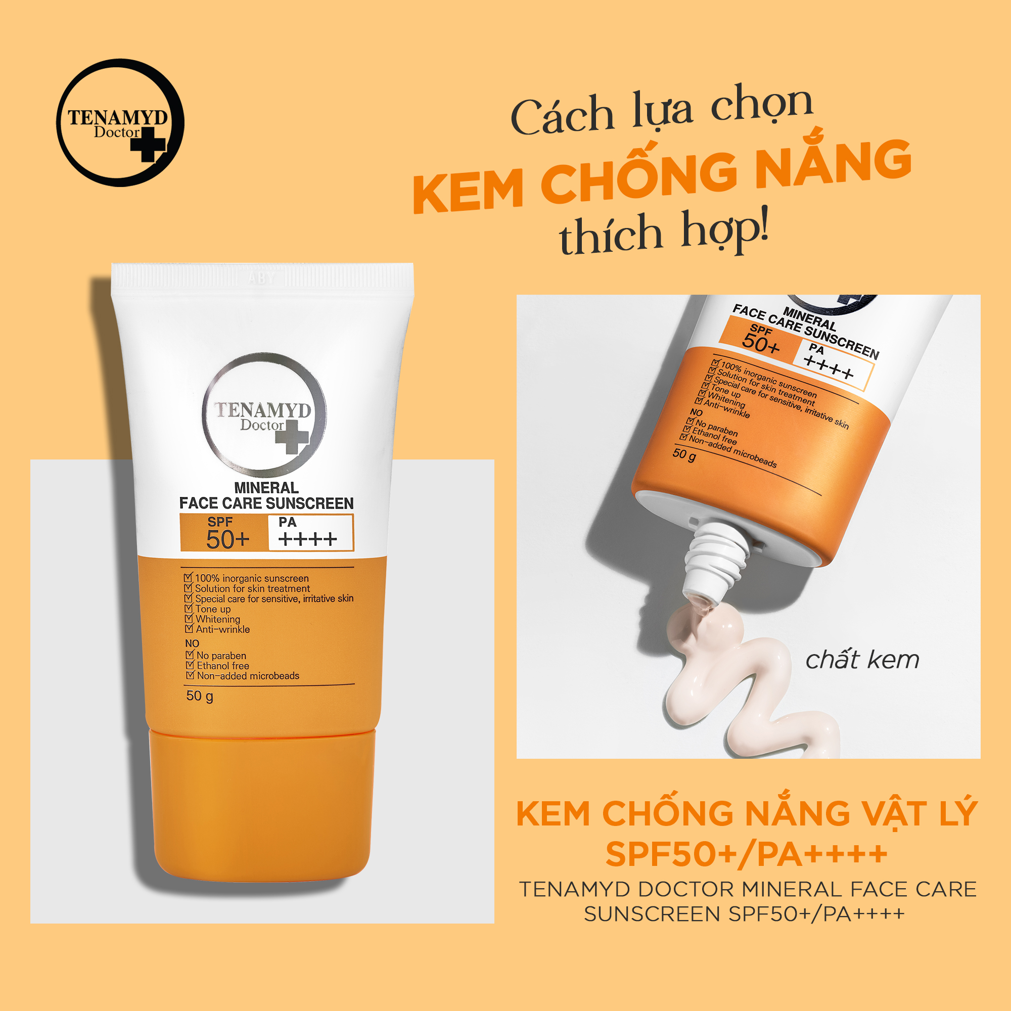 TENAMYD Kem chống nắng Vật Lý Doctor Mineral Face Care Sunscream SPF50+/PA++++ 50g nâng tone, dành cho da nhạy cảm, dễ kích ứng