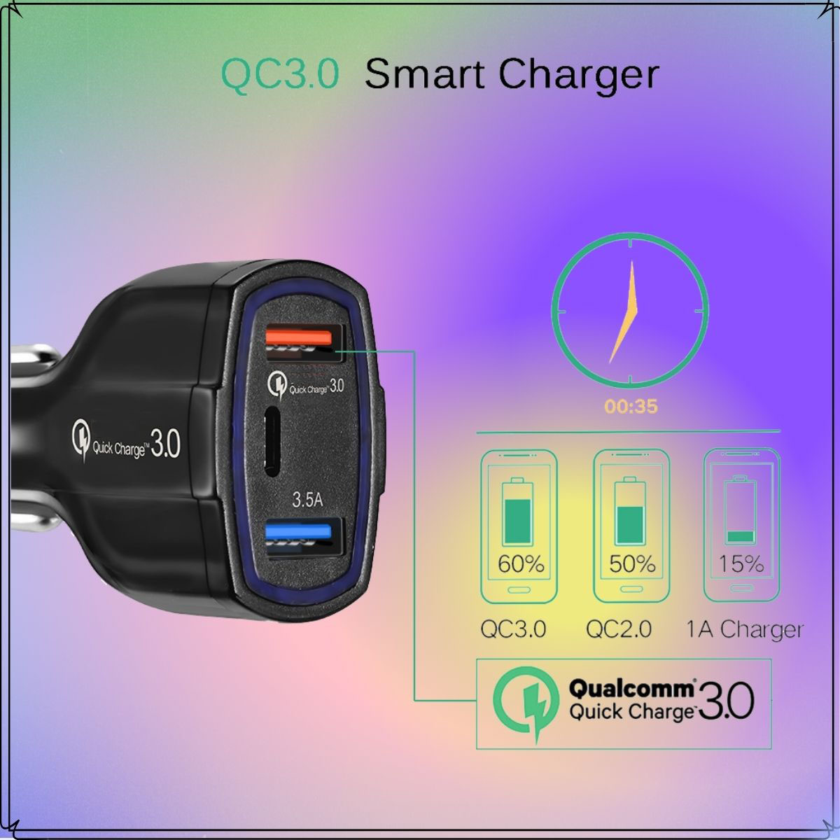 Bộ Tẩu Sạc Nhanh Xe Hơi 3 Đầu Cắm USB 7A -  USB Quick Charger 3.0 - Type-C Kép Cho Các Dòng iPhone, Samsung, Huawei