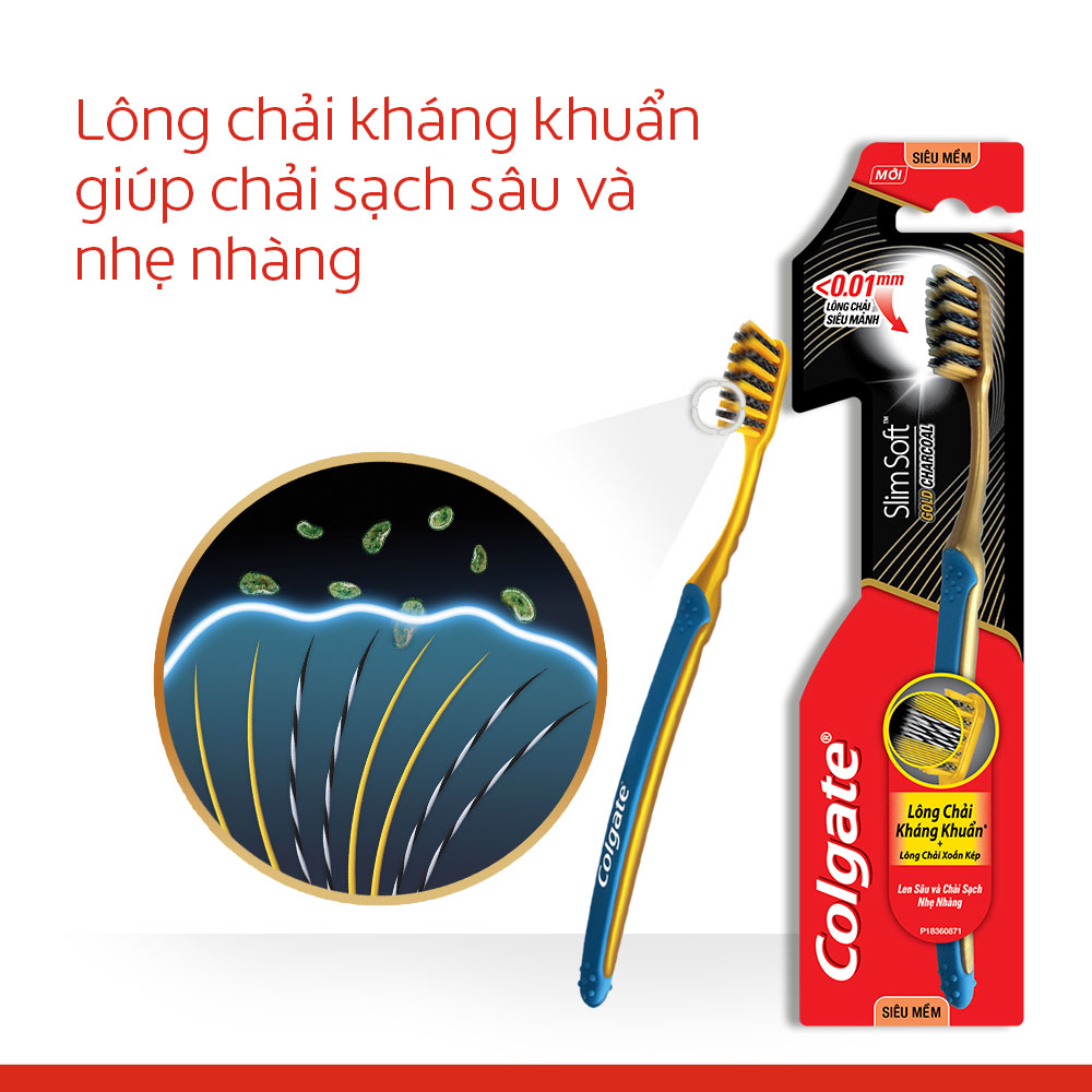 Bộ 4 bàn chải đánh răng Colgate than hoạt tính kháng vi khuẩn Slimsoft Gold Charcoal mềm mảnh (Màu ngẫu nhiên)