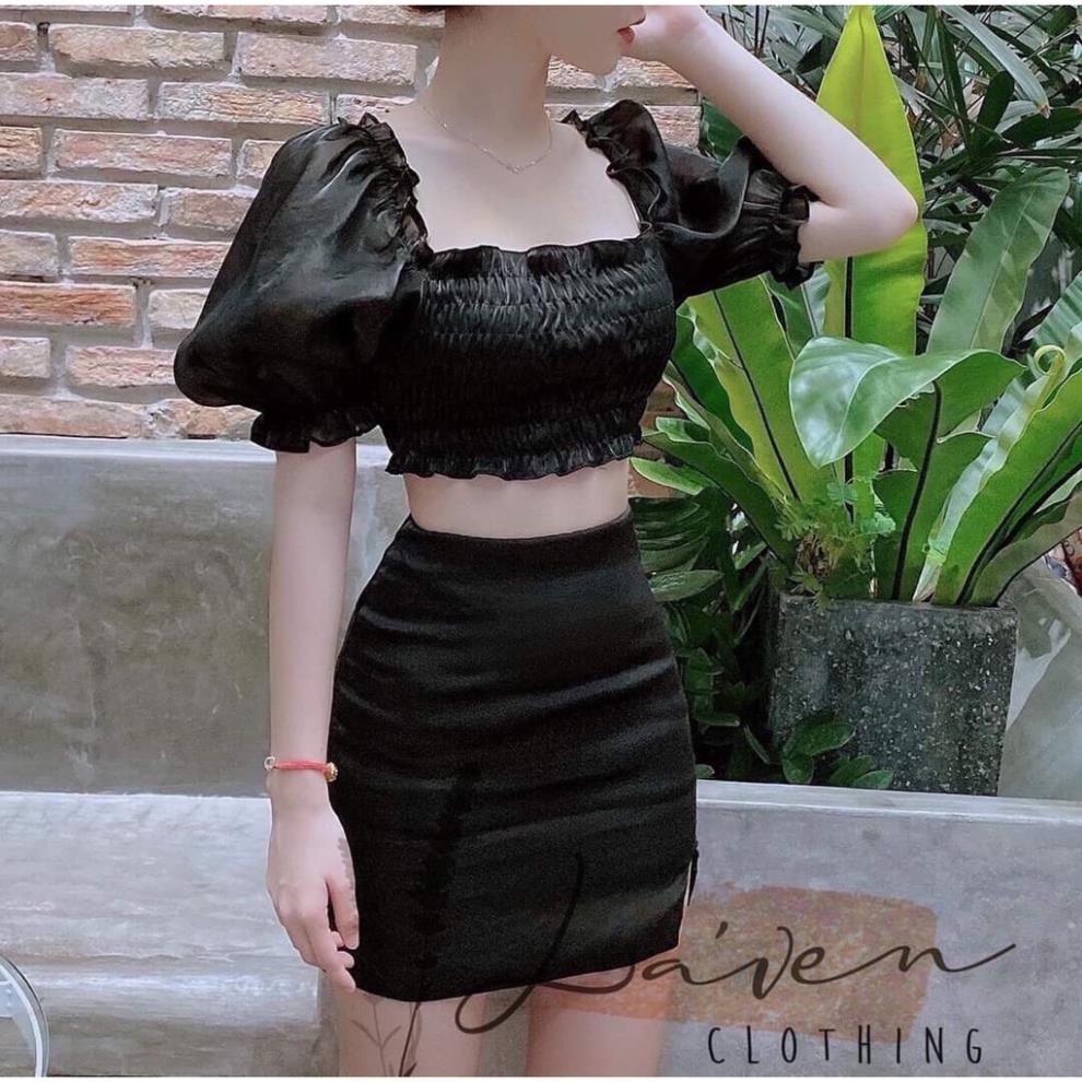 T73-Sét áo trễ vai croptop &amp; chân váy có lót nhúm ngực thời trang nữ chất đũi đen cam