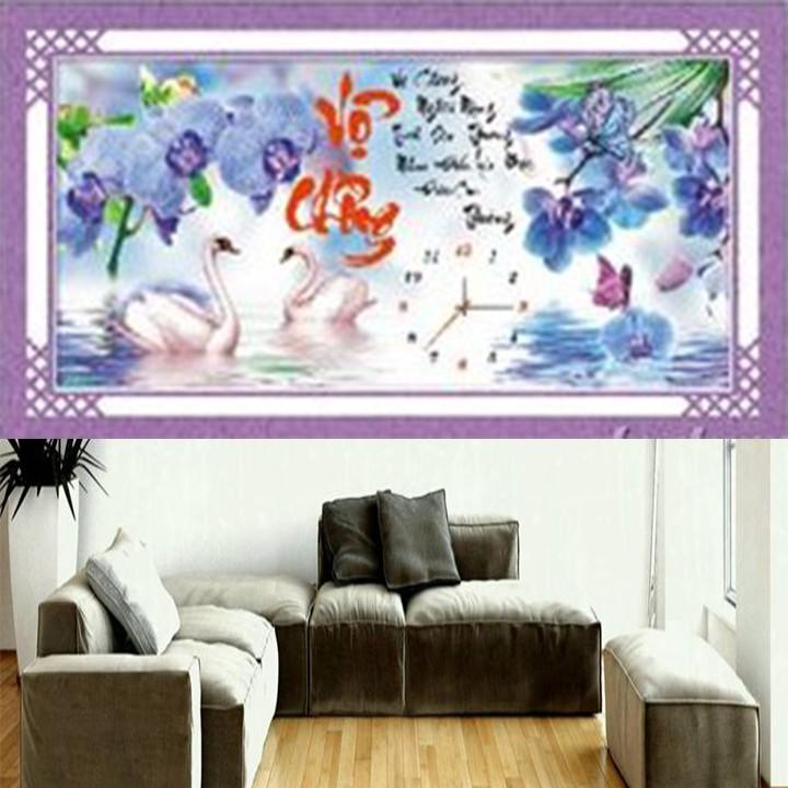 Tranh đá vợ chồng thiên nga hoa lan xanh DF380 - kích thước: 75 * 40cm.