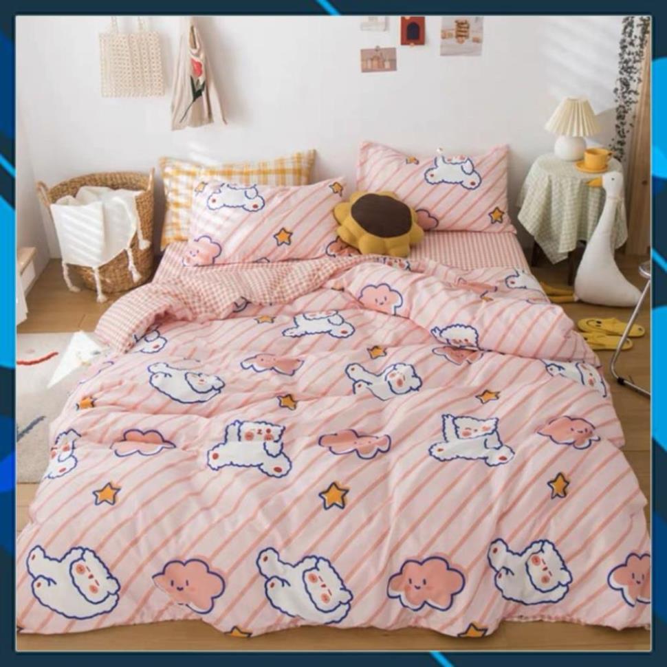 Bộ vỏ chăn ga gối Cotton Poly gấu hồng phối sọc, vỏ chăn mền, drap giường và 2 vỏ gối