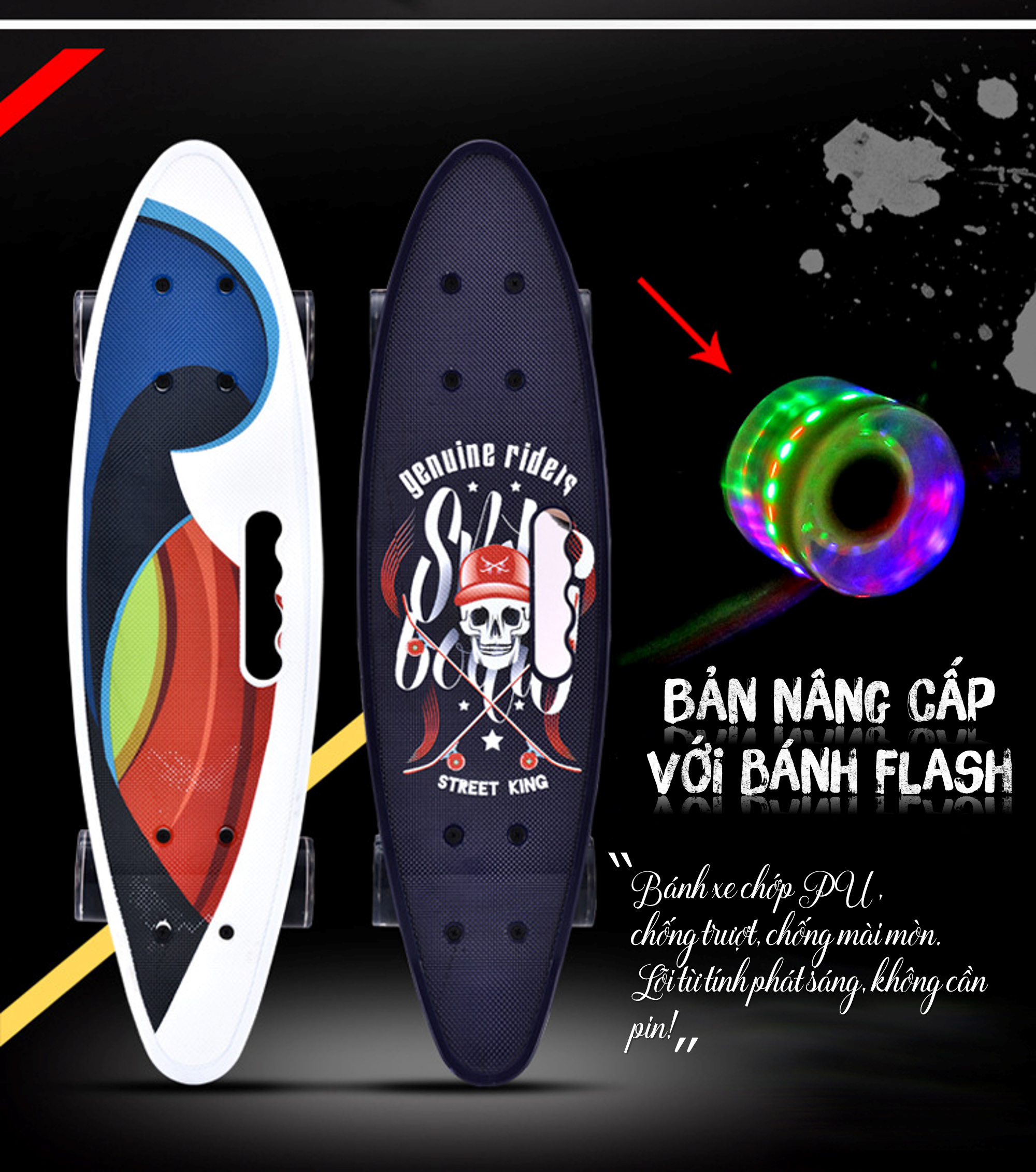 Ván Trượt Skateboard Penny - Có Tay Cầm - Trục Kim Loại To - Bánh Cao Su Có Đèn Led