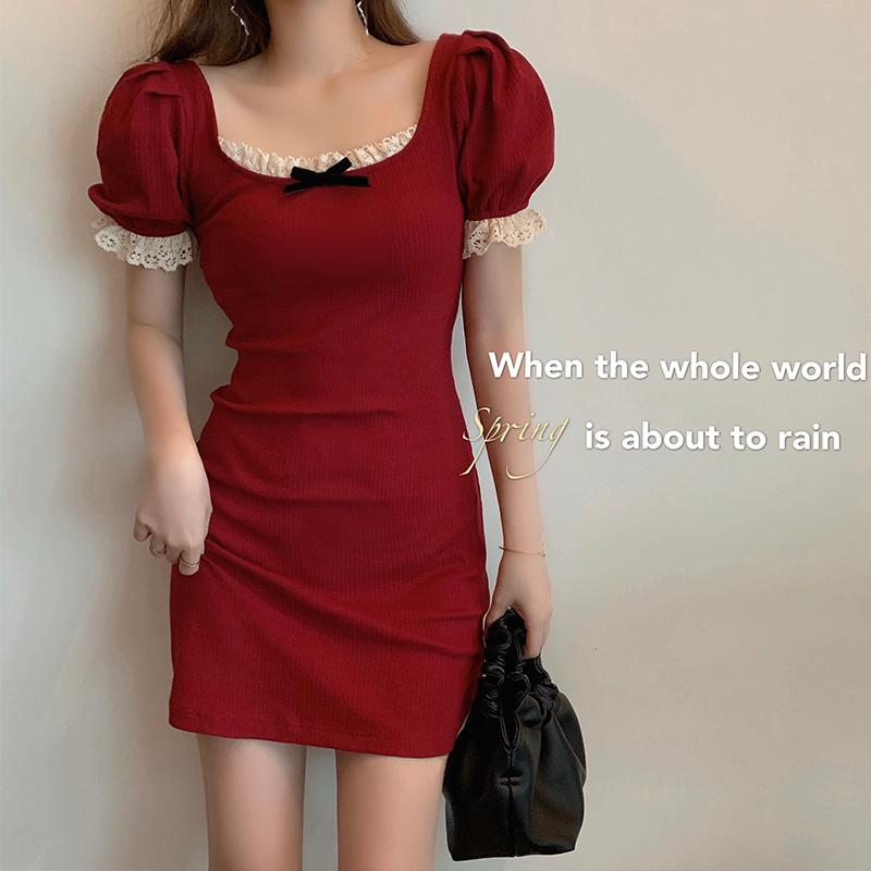 Váy Đầm Ôm Body Quyến Rũ Tay Phồng Phối Nơ Xinh
