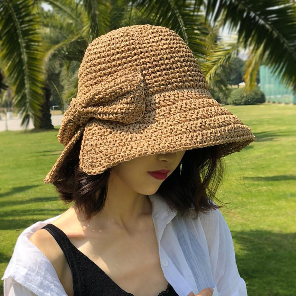 Mũ cói raffia mềm đi biển đan trơn đính nơ vành rộng chống nắng có thể gấp gọn thời trang phong cách Hàn Quốc hàng cao cấp- Smice House