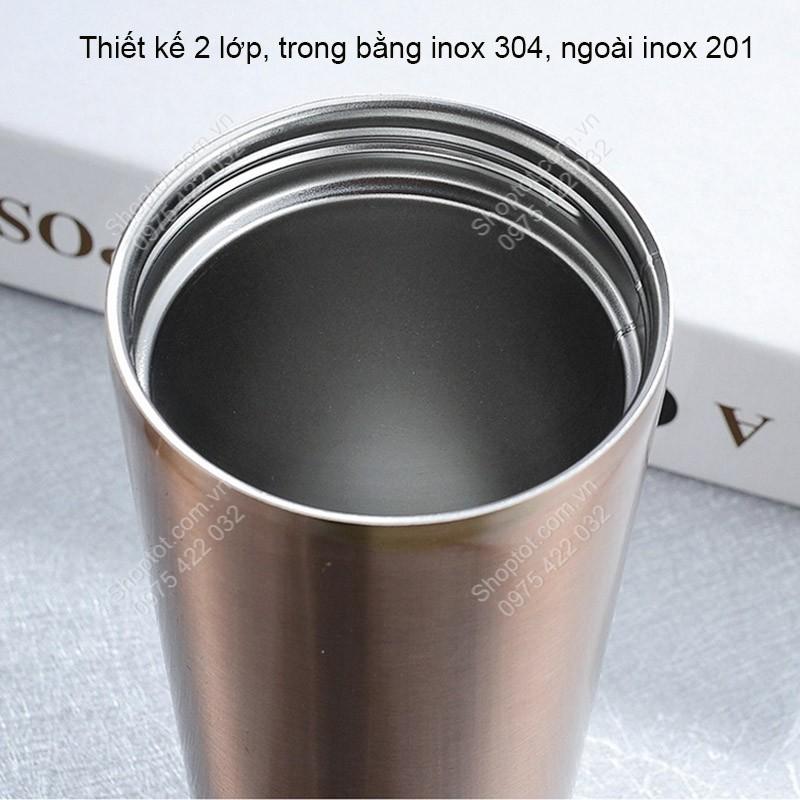 CỐC 2 LỚP INOX 304 CR500, CHỐNG NÓNG, CÓ NẮP VÀ ỐNG HÚT, CỠ LỚN 500ML, DÙNG ĐƯỢC TRÊN XE HƠI