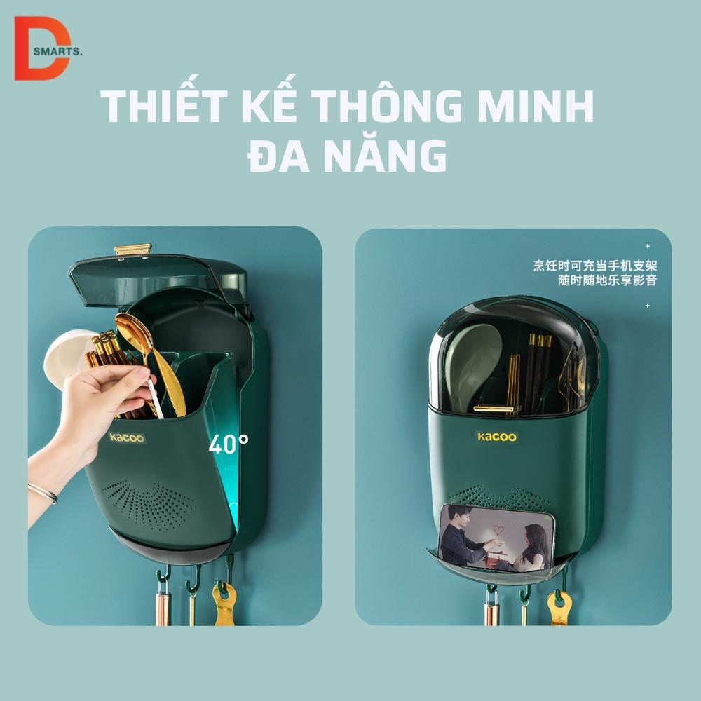 Hộp đựng đũa muỗng có nắp đậy gắn tường, ống đựng đũa treo tường chống bụi tích hợp móc treo