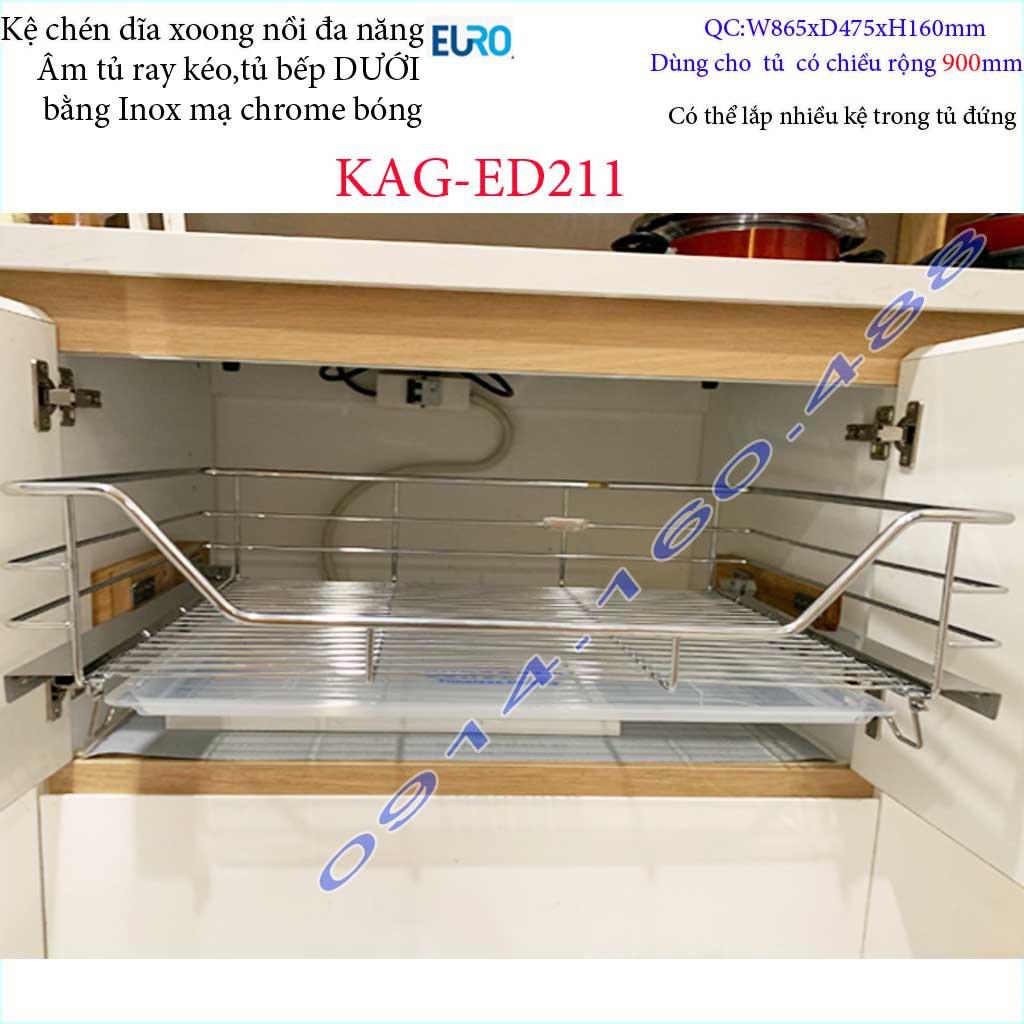 Kệ xoong nồi Euro KAG-ED211-90cm, giá xoong nồi inox âm tủ 90cm có ray giảm chấn êm ái siêu bền sản phẩm cao cấp