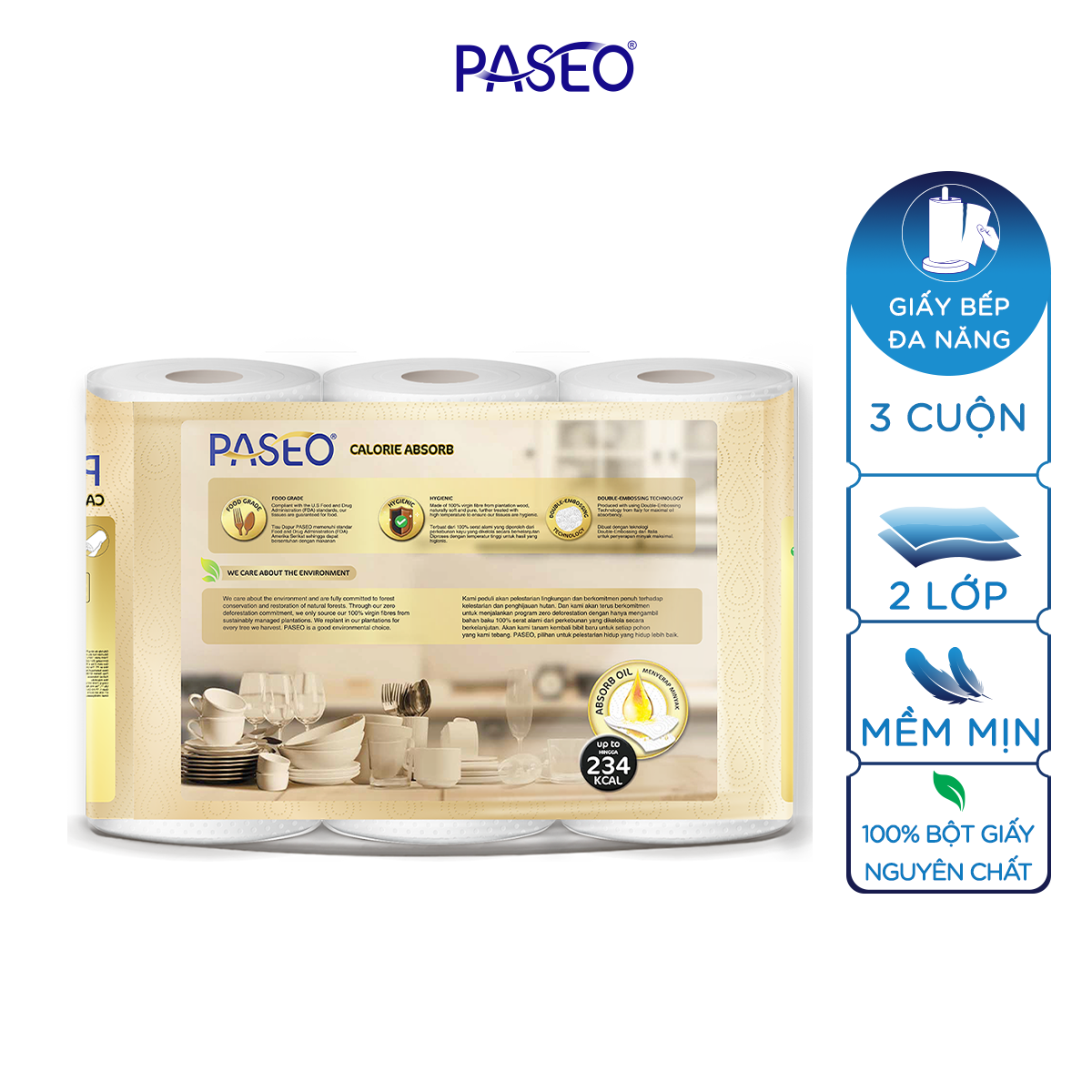 Combo 2 lốc giấy bếp đa năng cao cấp Paseo Calorie Absorb lau dầu mỡ, thấm hút nhanh (3 cuộn 2 lớp)/lốc