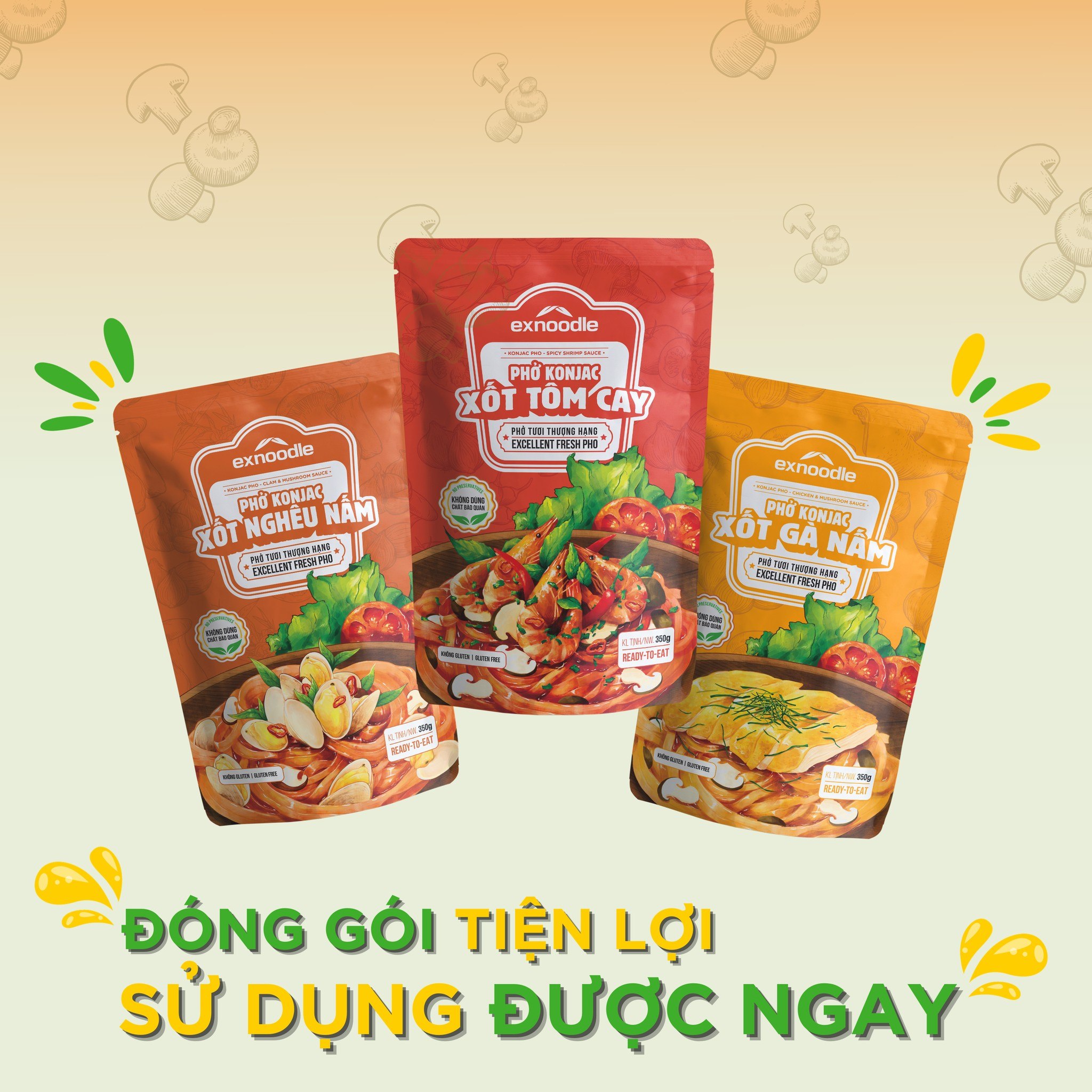 Combo 3 vị Phở konjac trộn xốt-Phở tươi thượng hạng Exnoodle, ít calorie,giàu xơ,không chất bảo quản, sd trực tiếp (gói 350g)