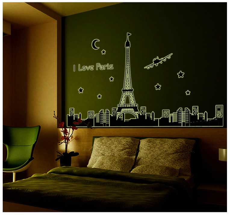 Decal dán tường phát quang thành phố Paris trang trí phòng ngủ, phòng khách sang trọng (92 x 160 cm)