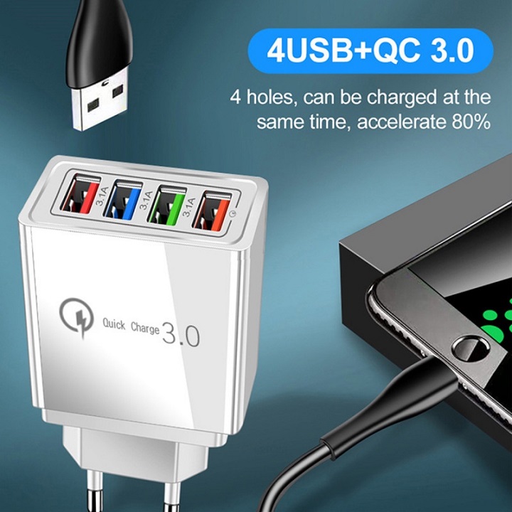 Củ sạc 4 cổng USB có đèn Led cho điện thoại iphone, samsung, oppo, huawei