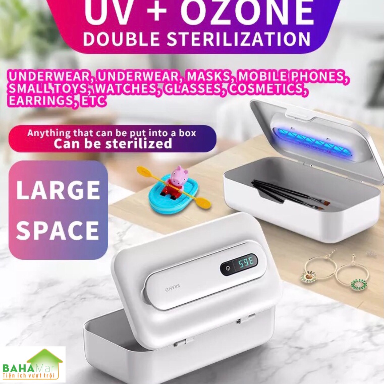 HỘP THANH LỌC KHỬ KHUẨN ĐỒ DÙNG, ĐỒ CHƠI, ĐỒ LÓT BẰNG ĐÈN OZONE VÀ TIA UV "BAHAMAR" có hai chức năng tinh lọc tia cực tím và ozone, thanh lọc khả năng mạnh hơn, cho bạn bảo vệ kép.