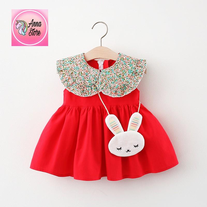 Váy Đầm Bé Gái Mùa Hè Thỏ, Sát Nách, Cổ Sen Phối Viên Dáng Xòe , thời trang tre em Anna store