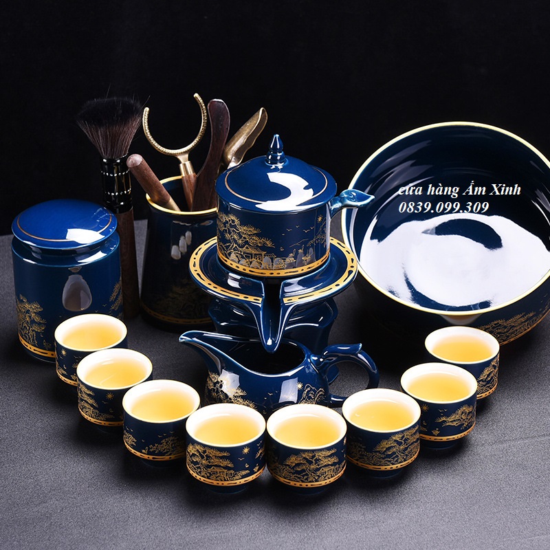 Bộ ấm chén pha trà đạo tự động Kiểu Cối Xay cao cấp vẽ tay họa tiết Sơn Thủy Vàng 24K