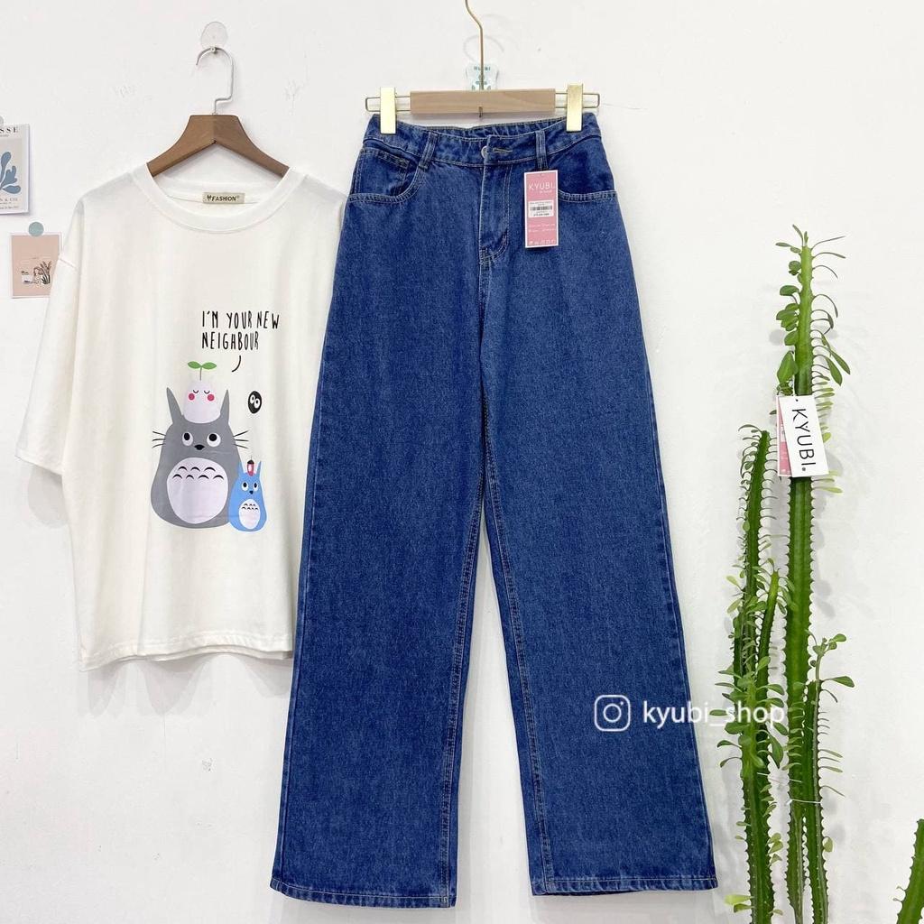 Quần jean nữ lưng cao dáng suông Ulzzang (Có Bigsize) - Quần jeans ống rộng suông cạp cao KYUBI BIGOES