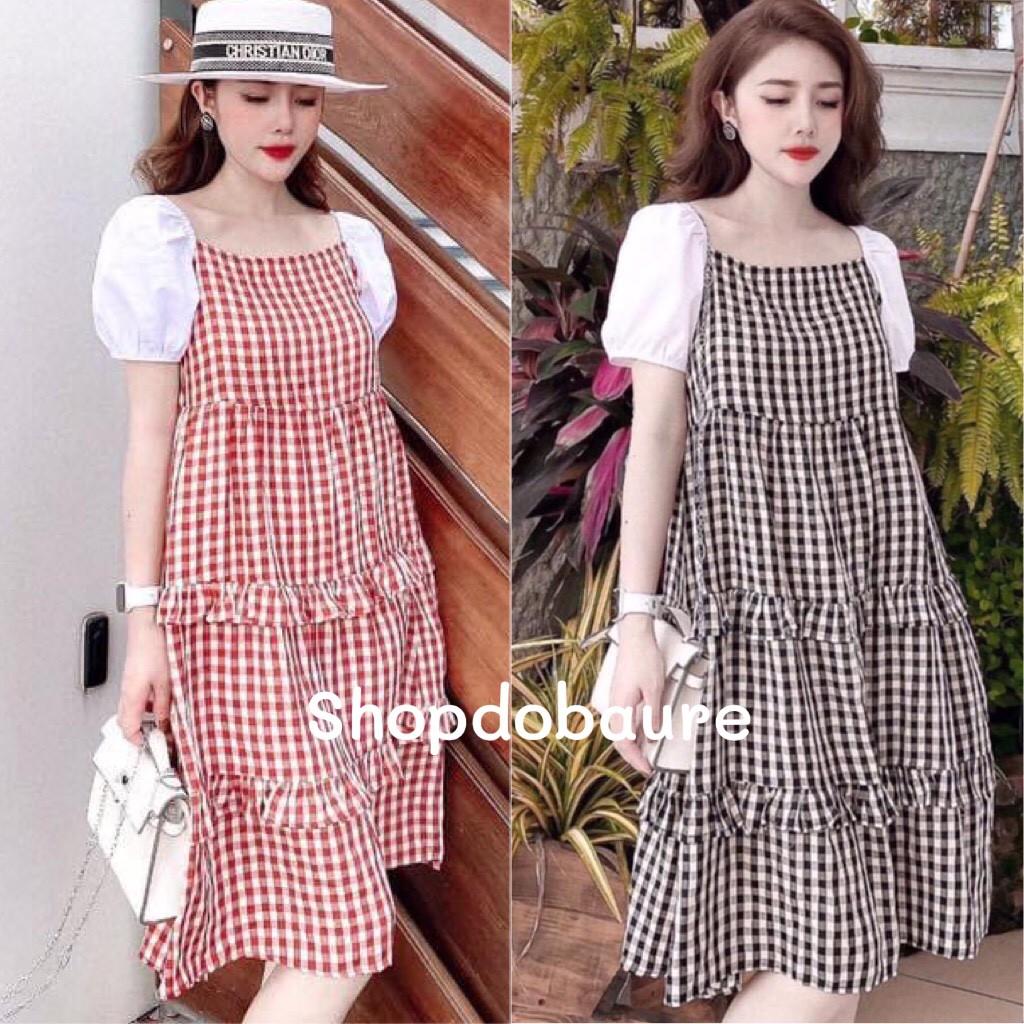 Váy bầu kẻ cổ vuông tay trắng