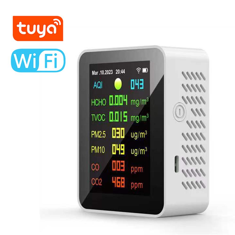 Tuya Wifi Portable Air Quality Meter 7in1 PM2.5 PM10 Carbonic Oxide Carbon Dioxide TVOC HCHO AQI Tester TFT Color Screen Carbon Dioxide Detector with Time and Date Display Function