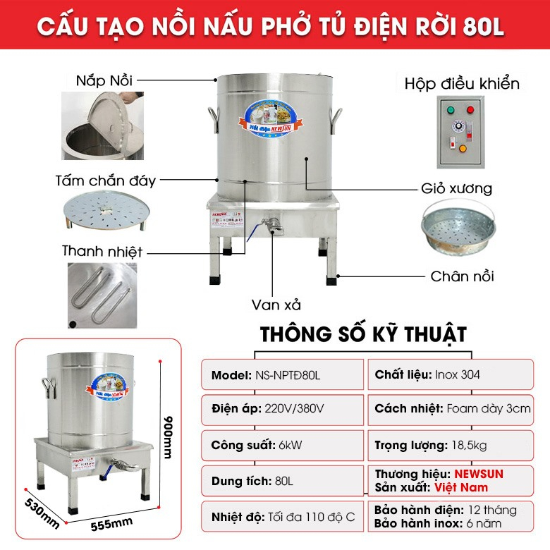 Nồi Nấu Phở Tủ Điện Rời NEWSUN 80L - Hàng chính hãng