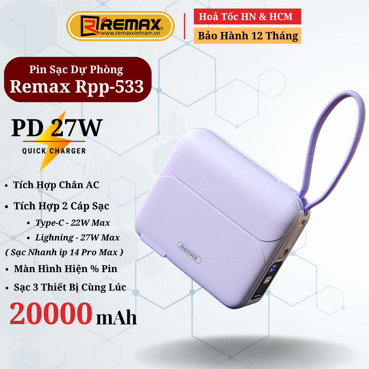 Củ Sạc Kiêm Sạc Dự Phòng Đa Năng Kèm Cáp 3in1 20000mAh Remax RPP-553 -Sạc Nhanh 27W Cho 14Pro Max - Hàng Chính Hãng Remax - 20000mah