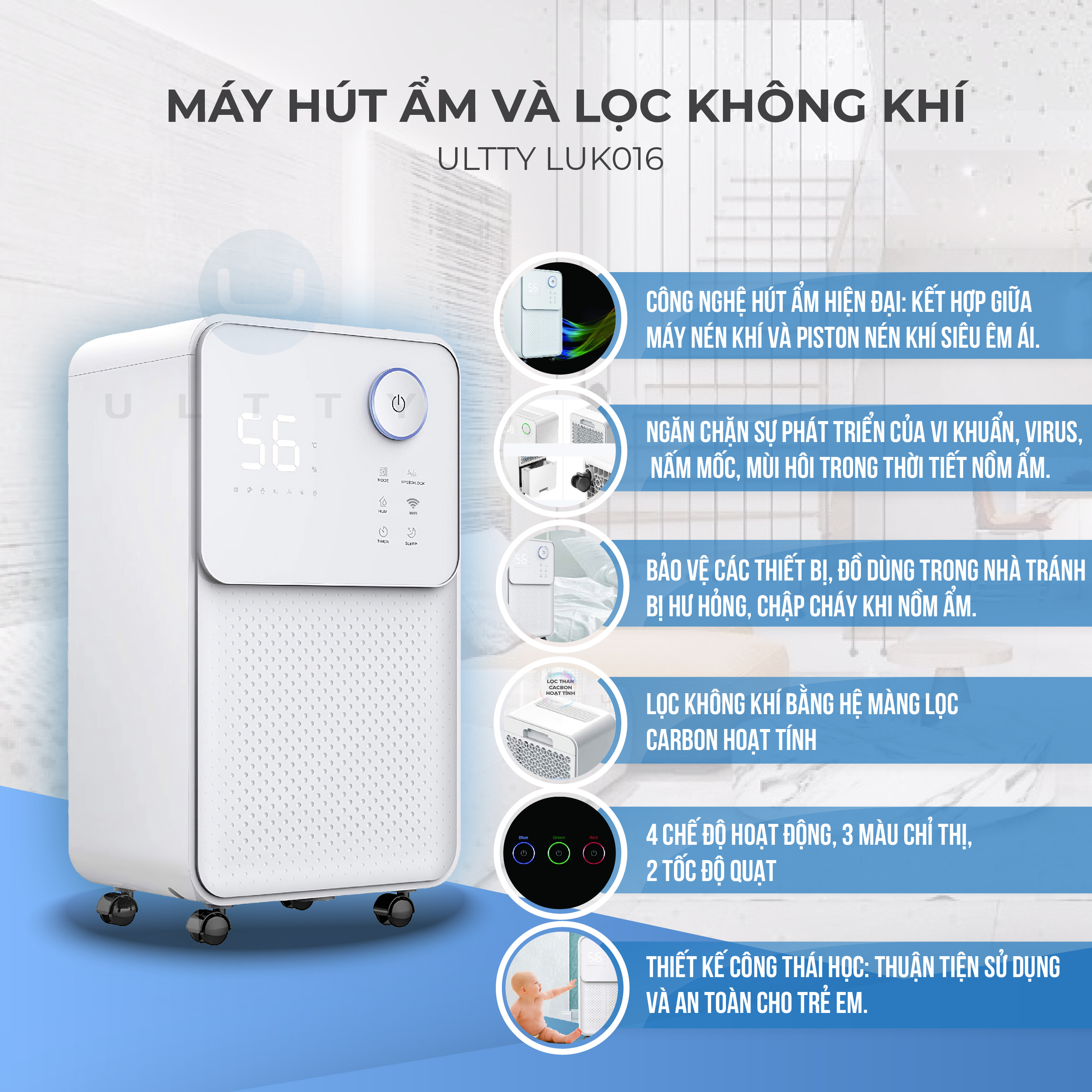 Máy hút ẩm và lọc không khí ULTTY LUK016, giải pháp cho những ngày nồm, khử khuẩn nấm mốc, phơi khô quần áo - Hàng chính hãng