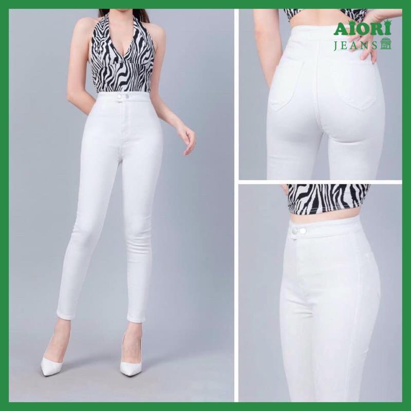 Quần Bò Nữ Skinny Lưng Cao Màu Trắng Cạp Cao Co Giãn Trơn Cơ Bản