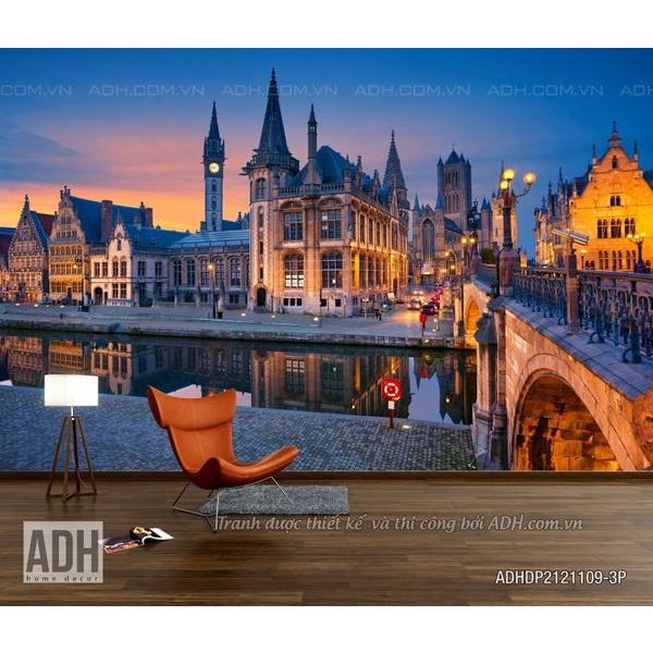 Tranh dán tường đường phố Châu Âu buổi chiều muộn