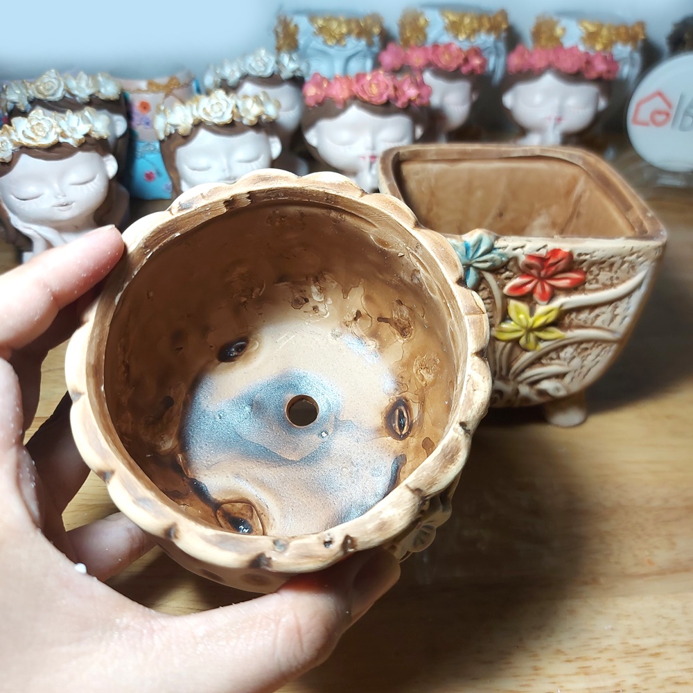 Chậu Gốm Họa Tiết Hoa Sen Nổi Giả Cổ Trồng Sen Đá, Xương Rồng, Chậu Kiểng Để Bàn Nhiều Mẫu Đẹp
