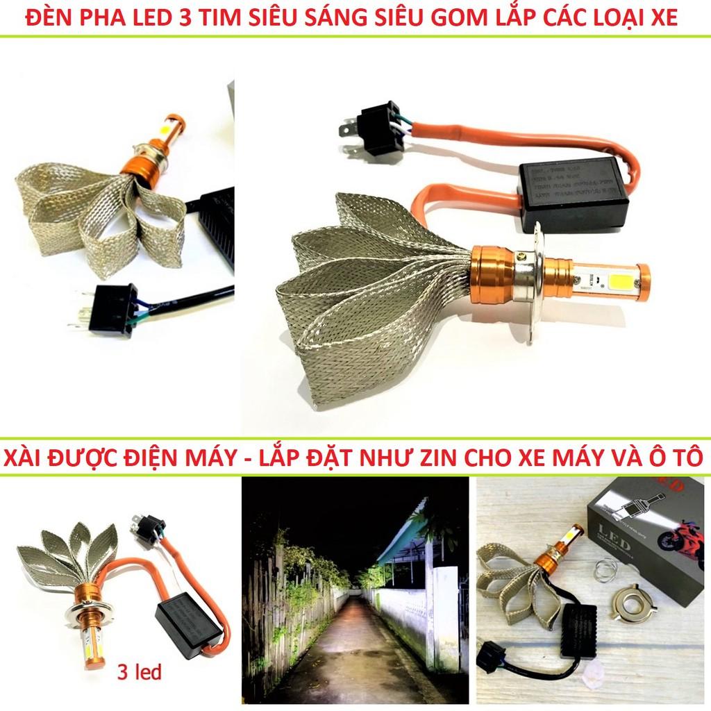 Đèn pha led xe máy ô tô 3 tim đuôi công siêu sáng xài điện máy lắp không cần độ chế