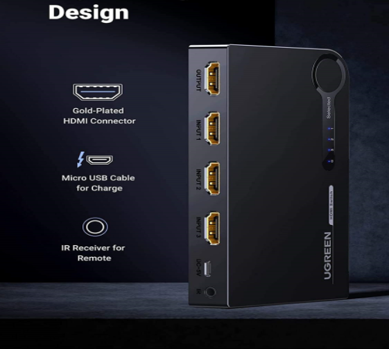 Ugreen 90800 4K60Hz Bộ gộp HDMI 2.0 3 vào 1 ra kèm cáp cấp nguồn USB-C dài 1M + remote cm598 - Hàng chính hãng
