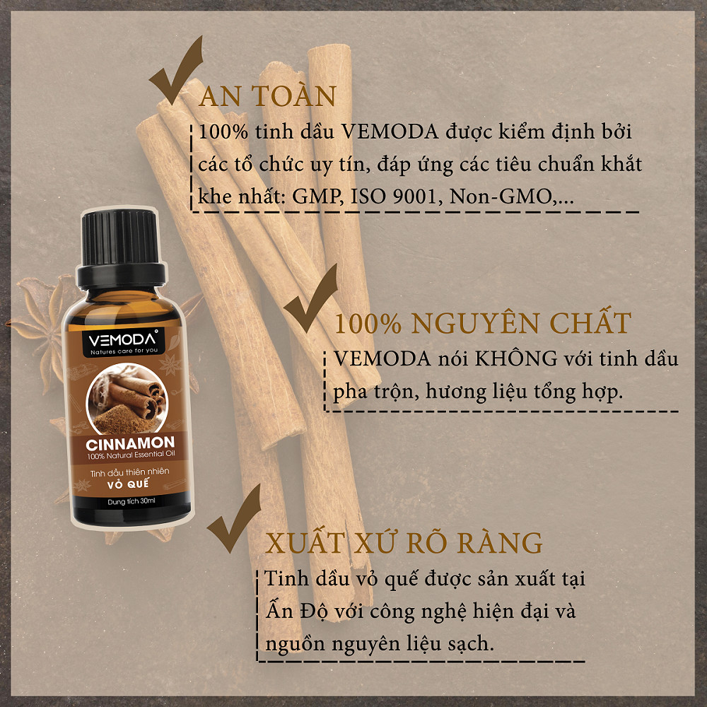 Tinh dầu Vỏ quế cao cấp. Cinnamon Essential Oil. Tinh dầu xông phòng giúp khử mùi, khử khuẩn, giúp giữ ấm, hỗ trợ giảm cân. Tinh dầu thơm phòng cao cấp Vemoda