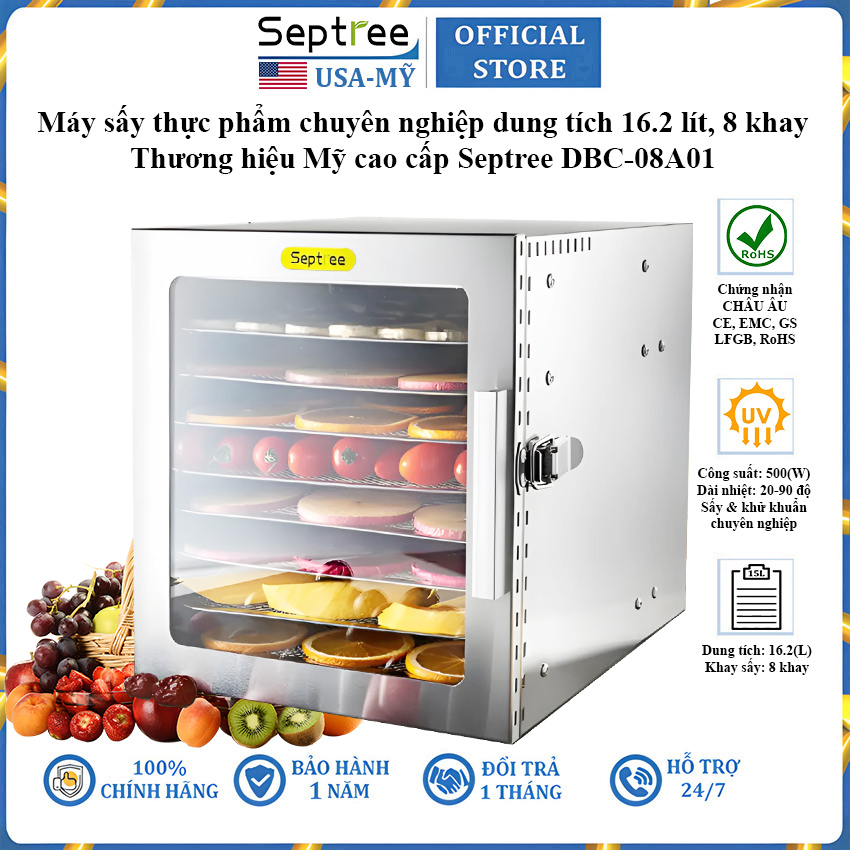 Máy sấy thực phẩm 8 khay thương hiệu Mỹ Septree DBC-08A01 công suất 500W - Hàng chính hãng