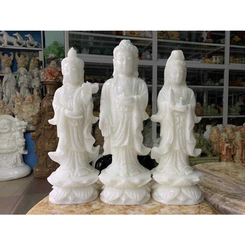 Bộ Tượng Tam Thế Phật Đứng Đài Sen Đá Cẩm Thạch Trắng - cao 31.5cm