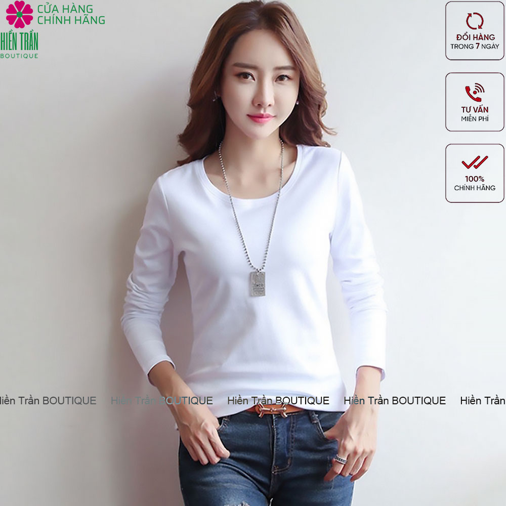 Áo thun dài tay nữ Hiền Trần BOUTIQUE cổ tròn nhẹ dáng suông rộng thoải mái vải cotton mềm mại kiểu nữ tính