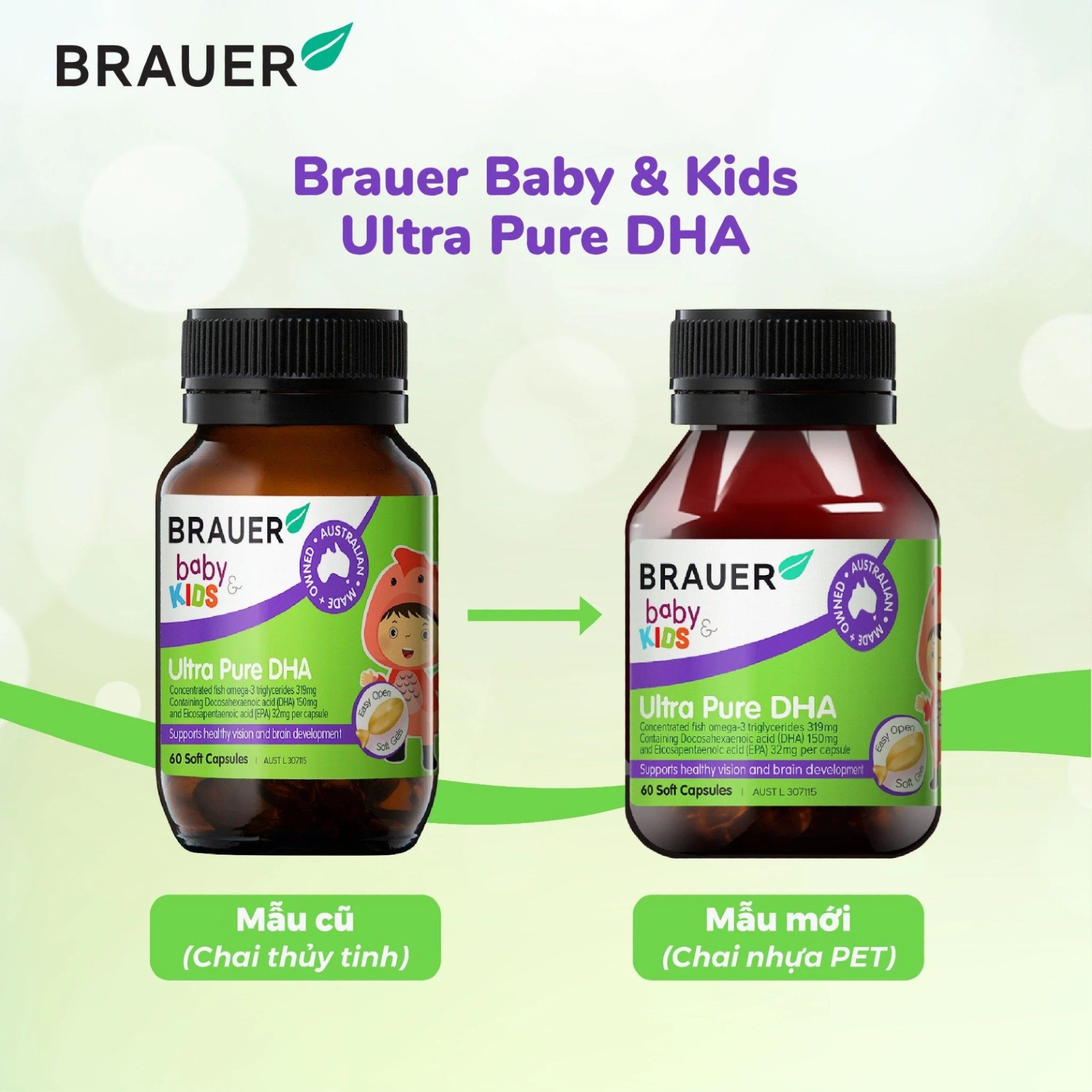 Viên uống Vitamin Brauer Ultra Pure DHA Bổ sung DHA tinh khiết cho trẻ từ 7 tháng 60 Viên