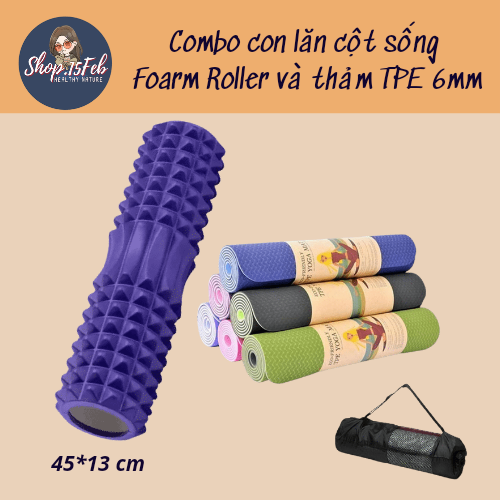 Bộ con lăn cột sống Foarm Roller 45*13 cm và thản yoga TPE 6mm.Ống lăn massage giãn cơ yoga, gym