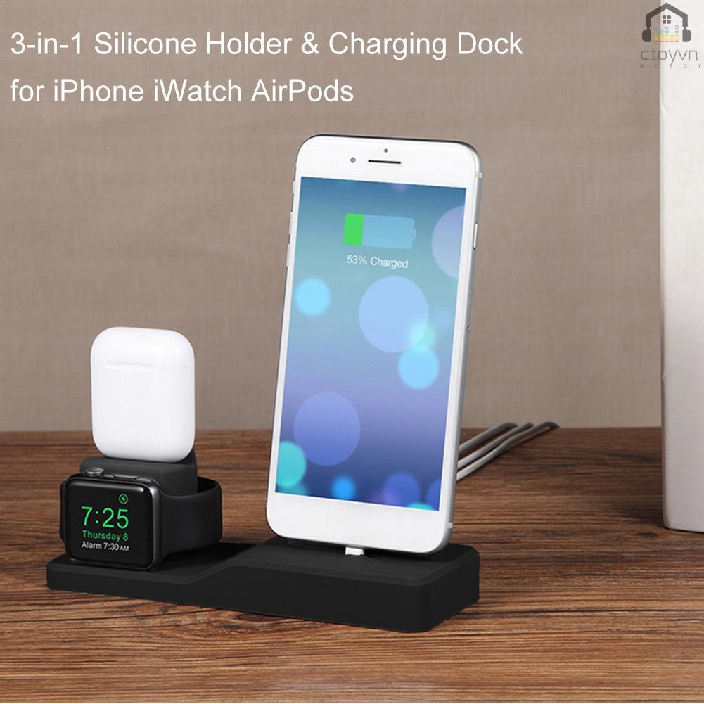 Đế sạc 3 trong 1 bằng silicon màu đen chất lượng cao tương thích cho Apple iPhone iWatch AirPods
