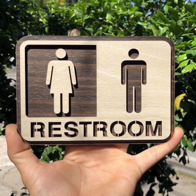 Bảng Gỗ Decor Toilet - WC Nam Nữ - Resroom chỉ hướng nhà vệ sinh ( tặng kèm dây treo