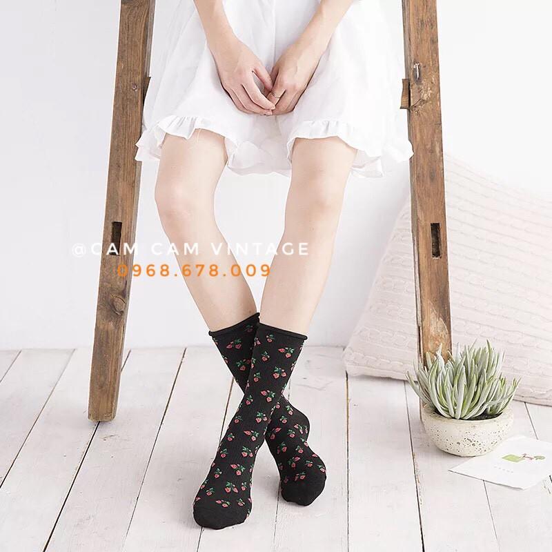TẤT CAM CỔ NỮ VỚ ULZZANG UNISEX HOA VĂN HỌA TIẾT HOA NHÍ CHERRY