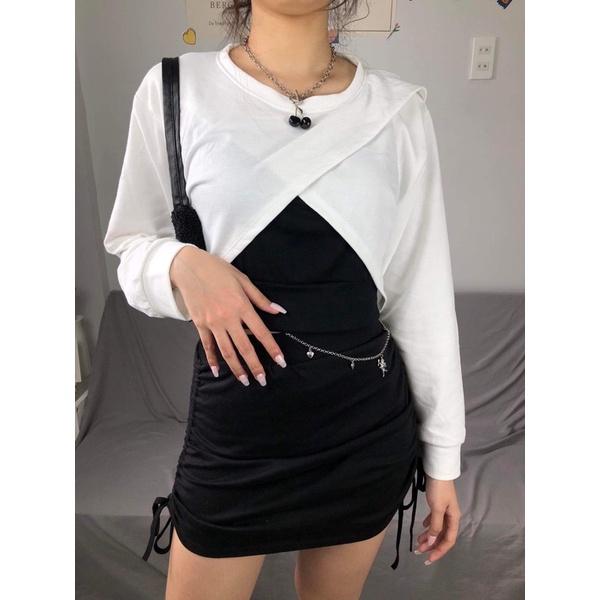 Set áo croptop tay dài kiểu xẻ kèm áo 2s trong