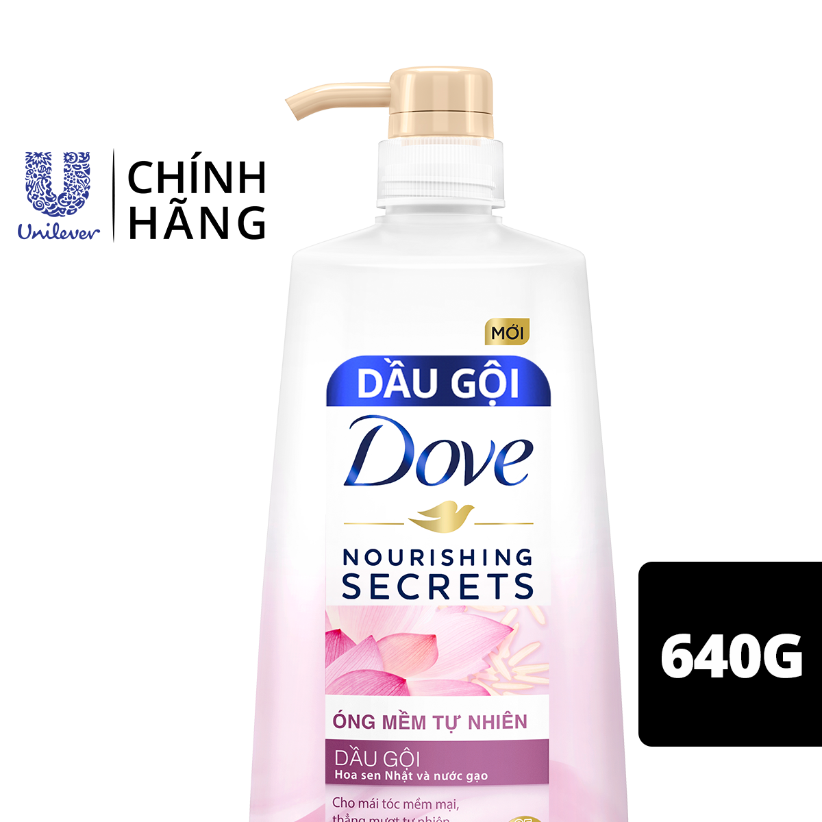 Dầu Gội Thiên Nhiên 640g Dove Óng Mềm Tự Nhiên Hoa Sen Nhật và Nước Gạo Dưỡng tóc mềm mượt, óng ả