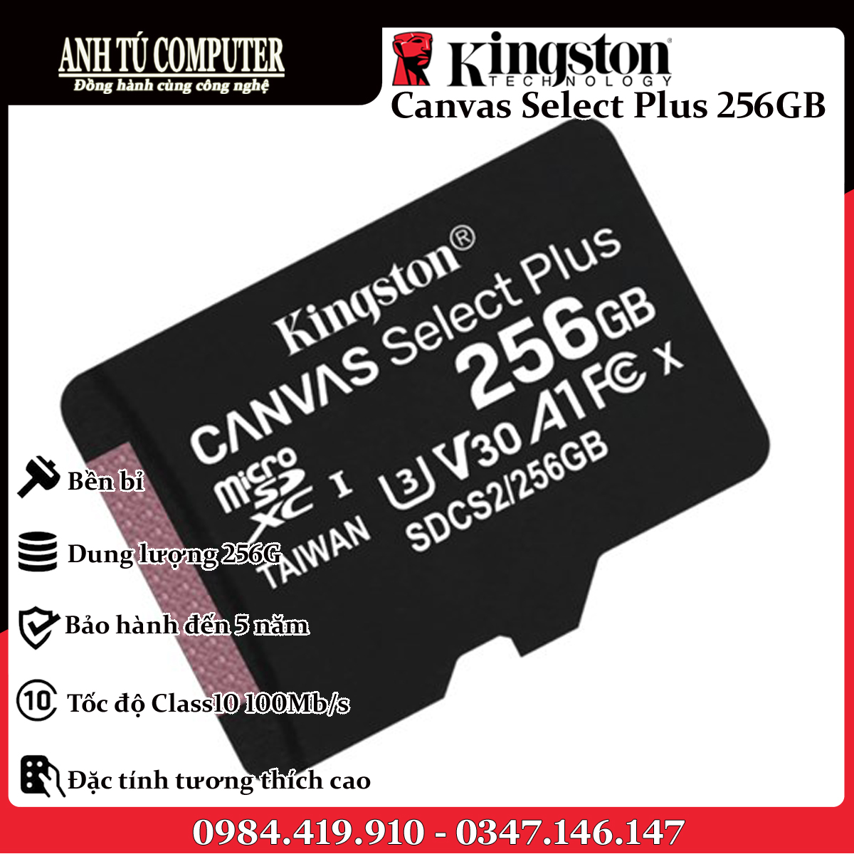 Thẻ Nhớ Kingston 256GB Micro SD Class 10 SDCS2/256GBSP hàng chính hãng