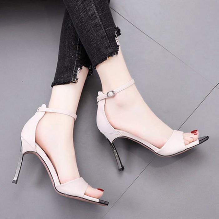 (Bảo hành 12 tháng)Giày sandal cao gót nữ quai ngang phối mũi sắt gót kim loại-Giày cao gót 9cm da mềm 2 màu-Li