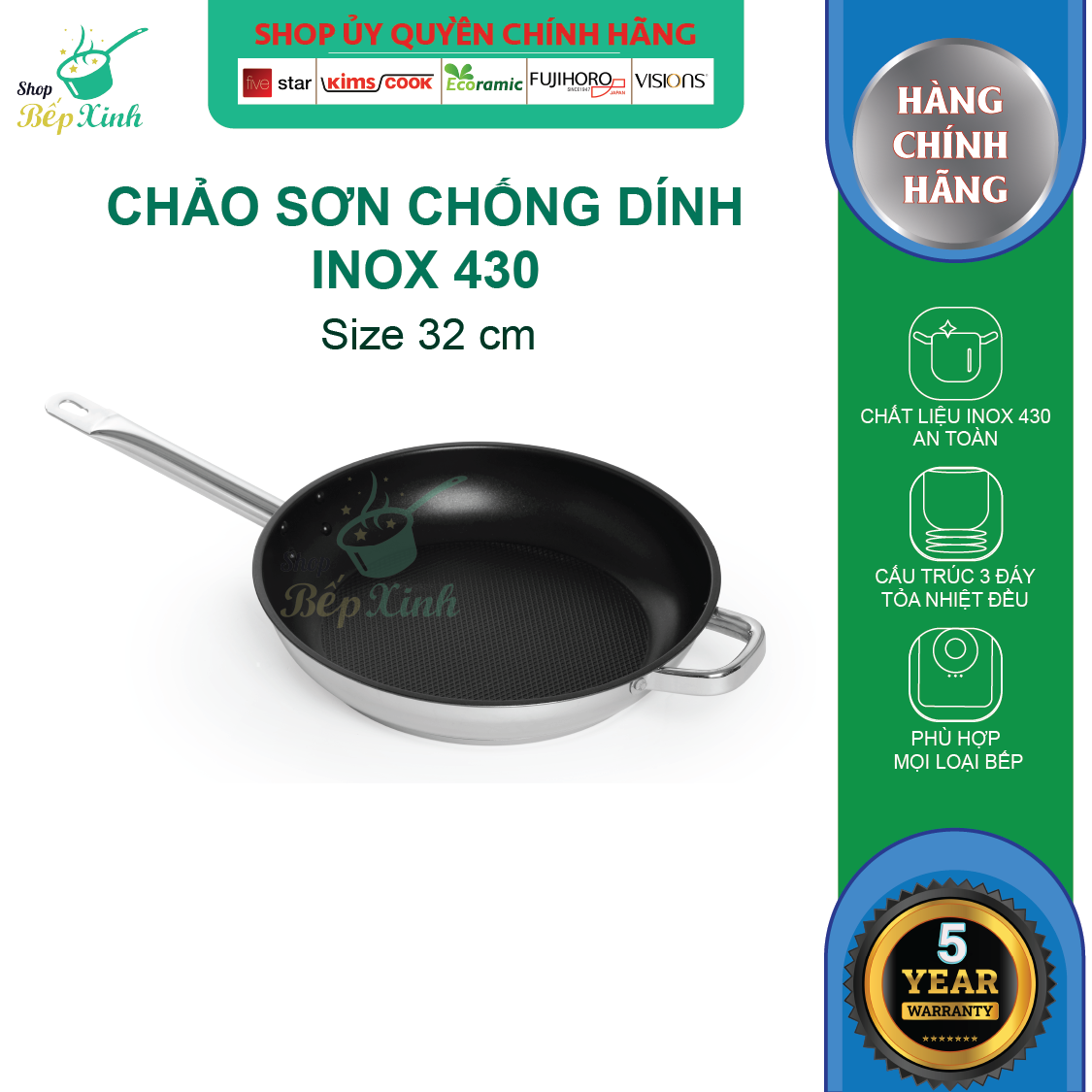 Chảo chống dính Five star cao cấp 3 đáy 32cm