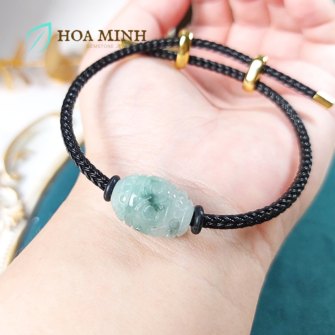 Vòng dây cáp phối lu thống Cẩm Thạch hoa bay chạm vân mây size 12x17mm phong thủy may mắn