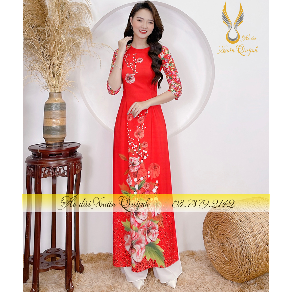 Áo Dài Hoạ Tiết Hồng Trà Thanh Lịch, Sang  Trọng, Quý Phái Lụa Habutai Cao Cấp K84 Đỏ