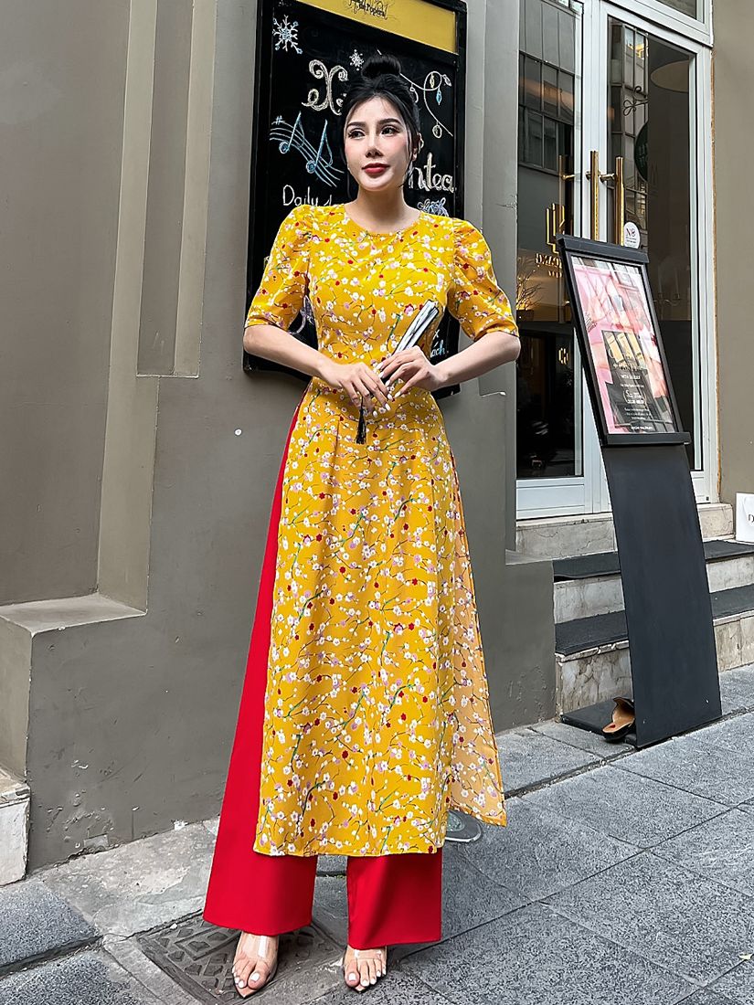 Áo dài hoa nhí tay phồng điệu đà AD026 - Lady Fashion
