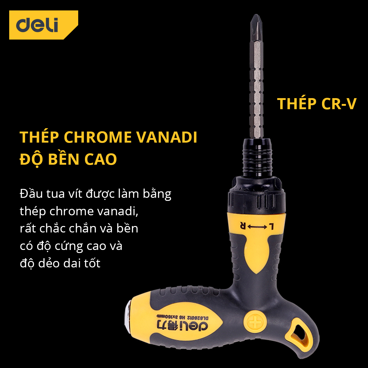 Tua Vít Trợ Lực 2 Đầu Đa Năng Deli, Đầu Vít PH2 2 Cạnh Và 4 Cạnh Tháo Rời - Tay Cầm Chống Trơn Trượt, Tiện Dụng DL626010