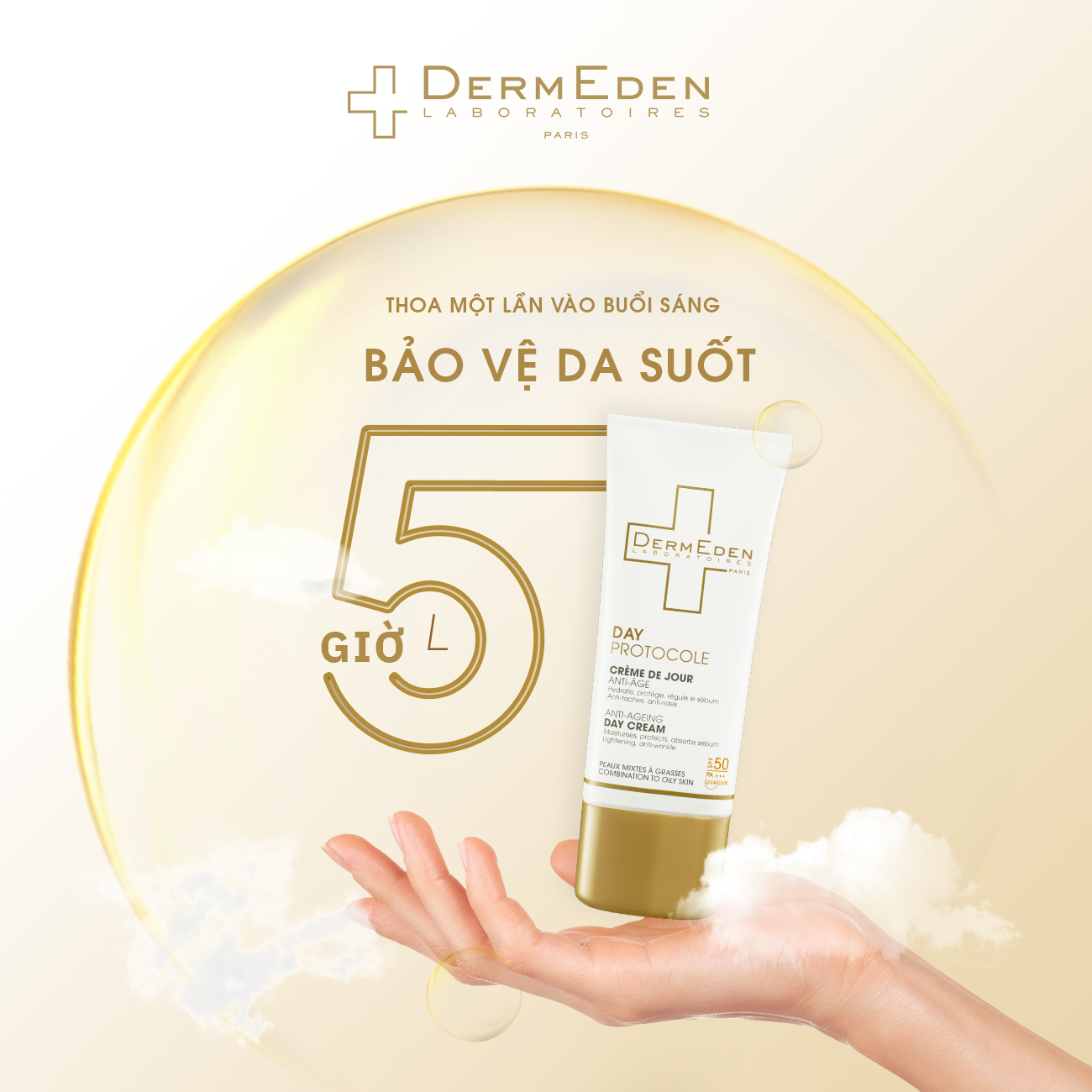 Kem Chống Nắng SPF50 PA+++ có kết hợp dưỡng ẩm ban ngày cho da dầu DERMEDEN chống lão hóa mờ đốm nâu 4 trong 1 50ml